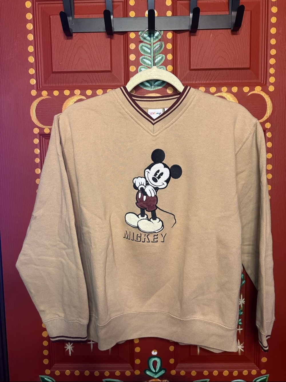 Disney Tan V-Neck Mickey Pullover Sweater with Maroon Trim